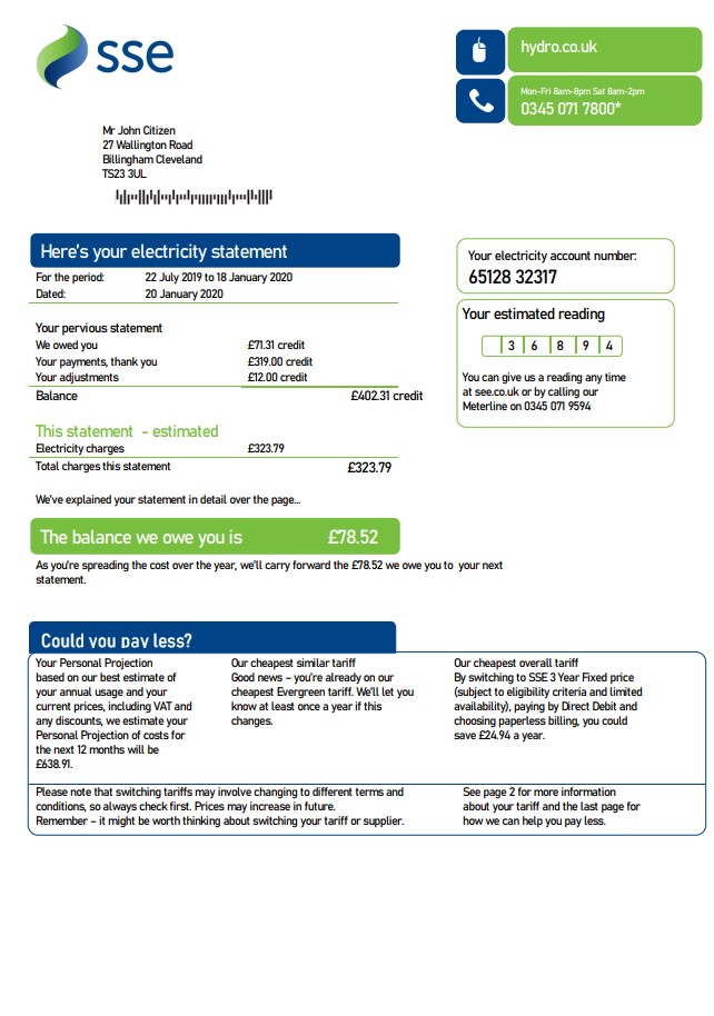 United Kingdom SSE Energy utility bill template in Word and PDF format, version 3